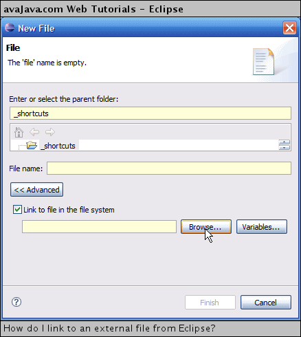 Click 'Link to file in the file system' and click 'Browse'