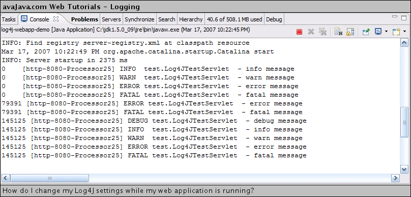 Console output shows that log4j log level has been set to DEBUG