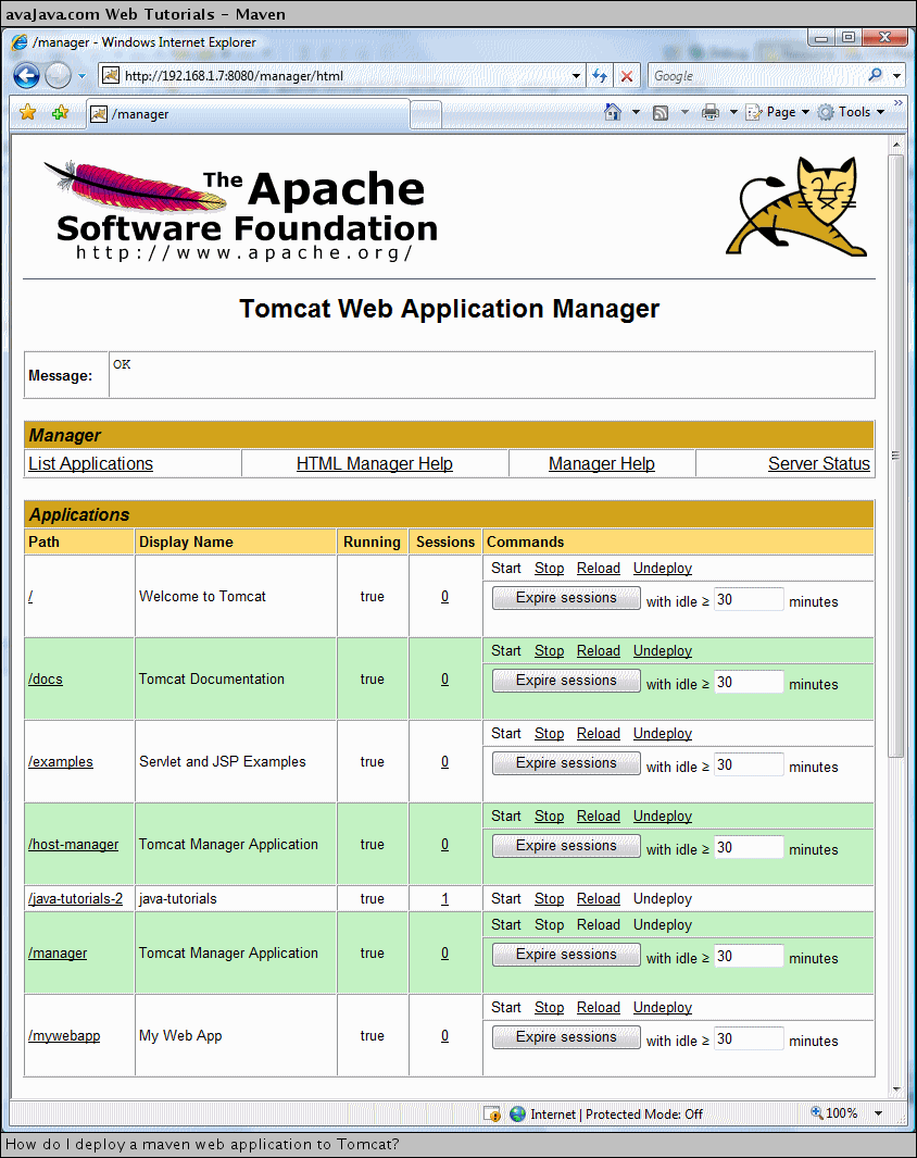 Tomcat Manager - mywebapp now appears