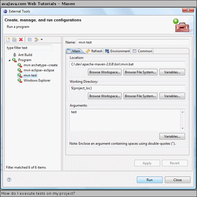 External Tool Configuration for 'mvn test'