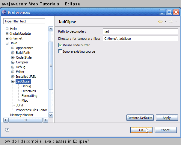 JadClipse in Eclipse Preferences