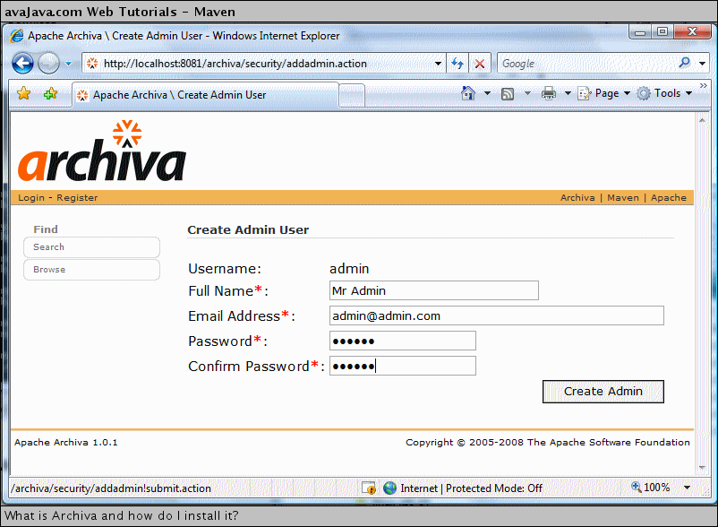 Archiva Create Admin User screen