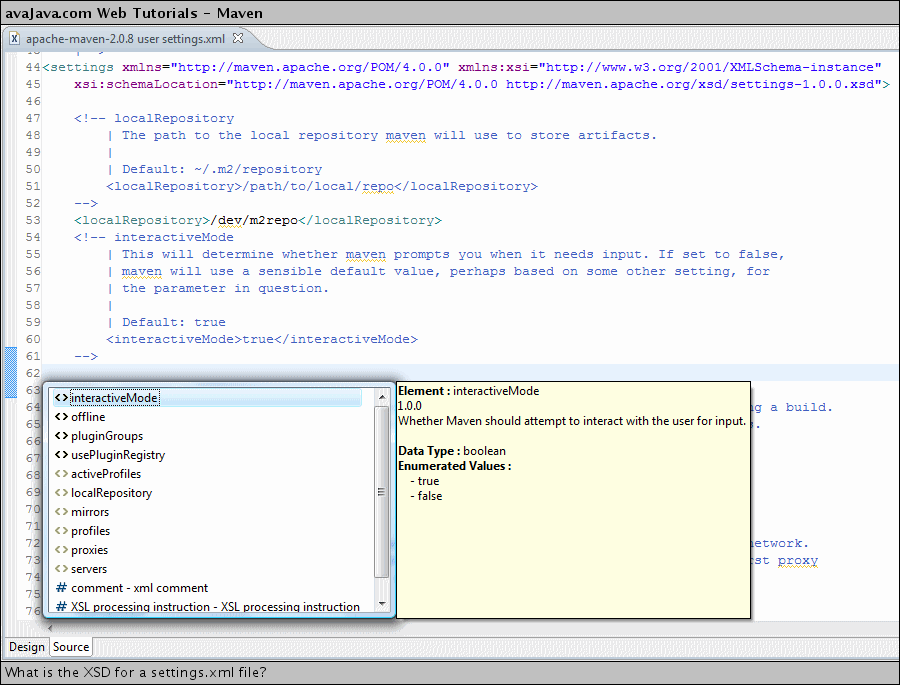 settings.xml displayed in Eclipse XML Editor with Content Assist